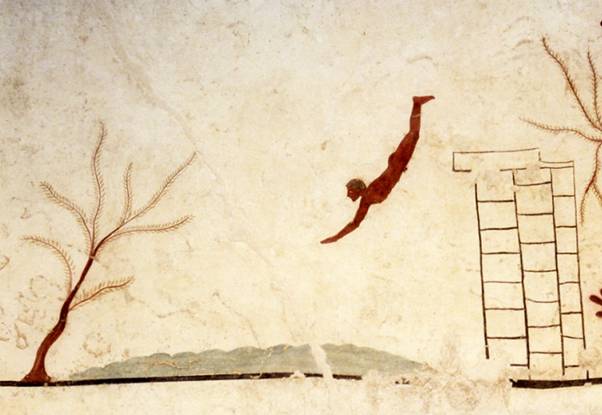fresco painting showing a nude youth diving from a wall or tower into water below